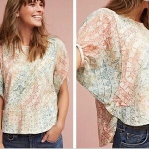 Anthropologie Eri + Ali Briony Batwing Sleeve Top Green, Orange, Blue and Ivory